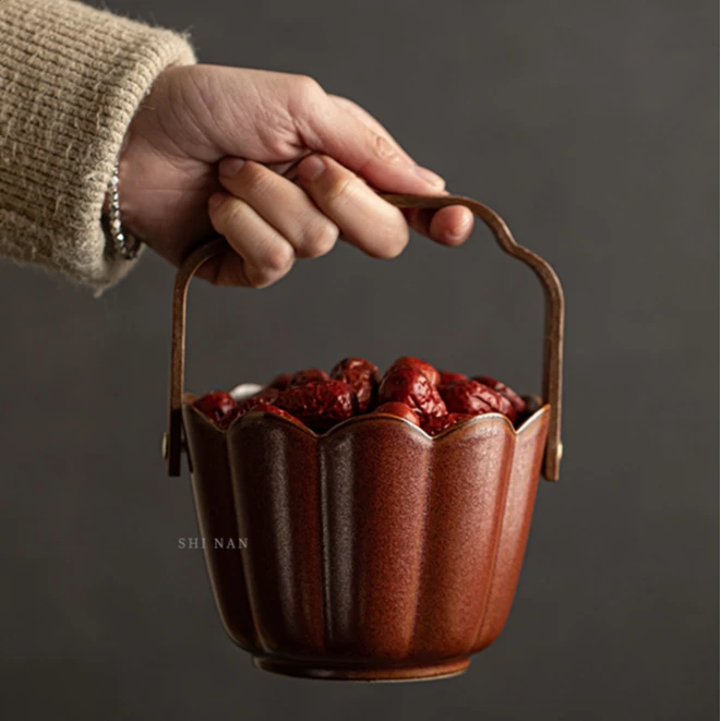 中式小精致水果盘家用客厅陶瓷手提篮轻奢高端果篮