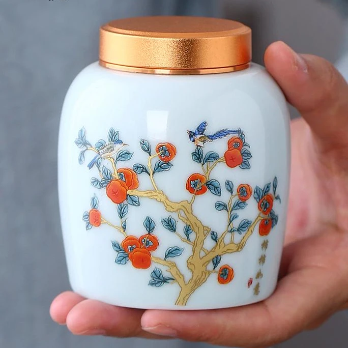 柿柿如意陶瓷柿子茶叶罐小号糖果密封罐便携绿茶空包装盒定制