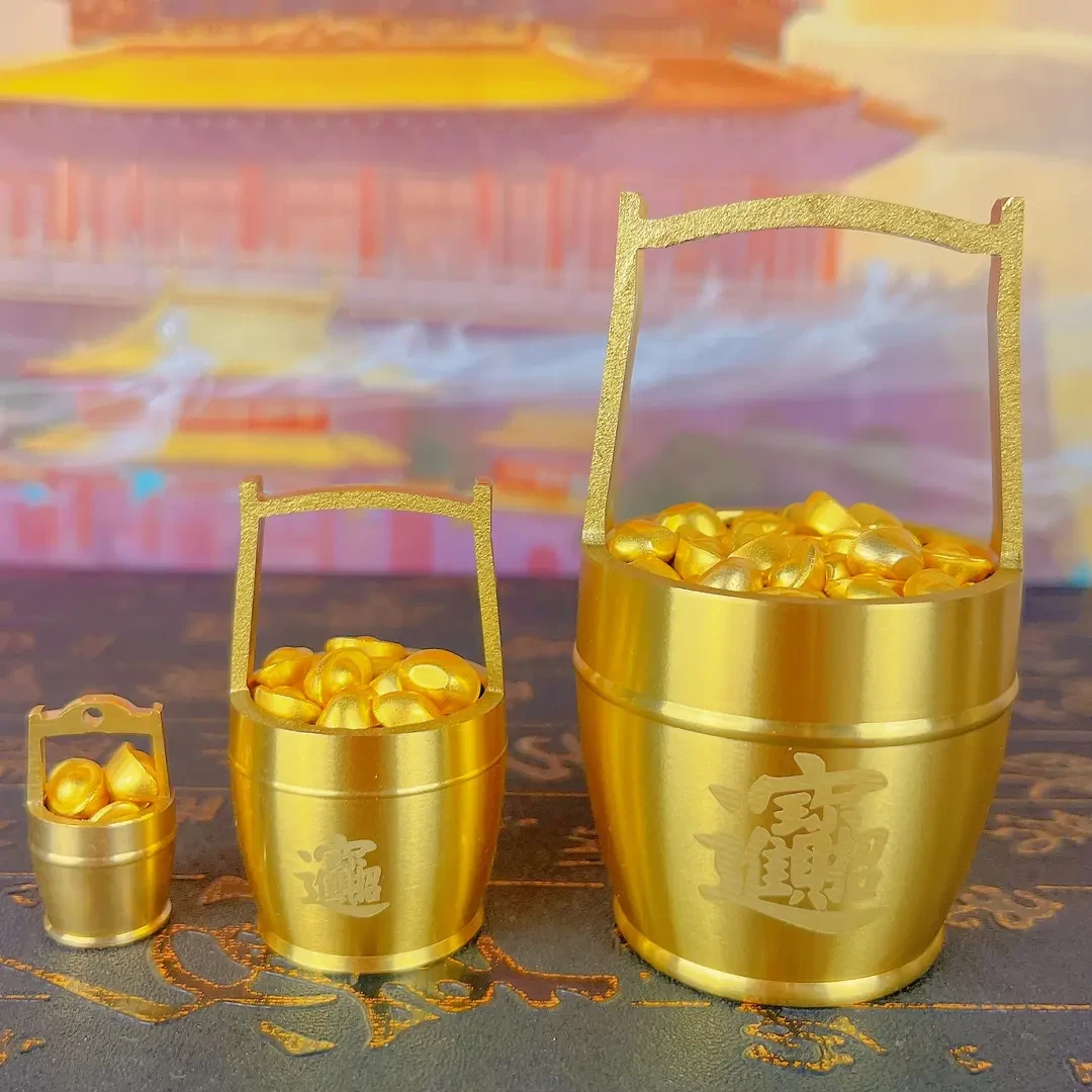 纯黄铜大号一桶金元宝套装陶瓷金色摆件工艺品车载客厅办公室摆件
