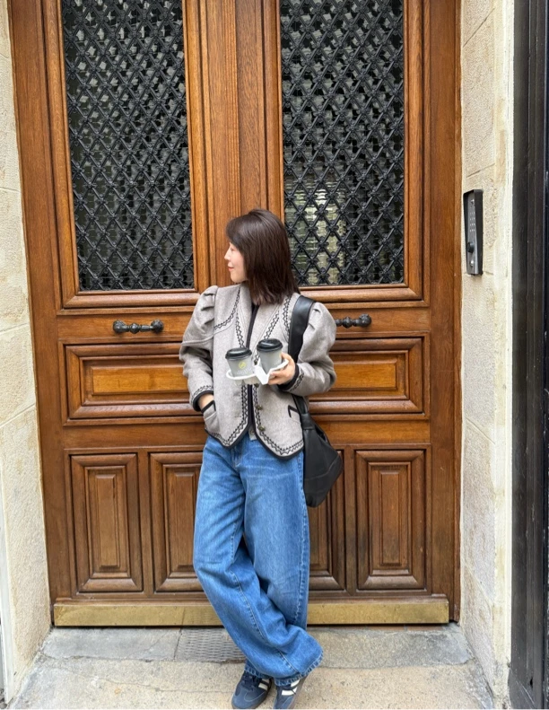 ANTIK BATIK设计师品牌 灰卡其色拼黑边短款小立领外套 24秋冬