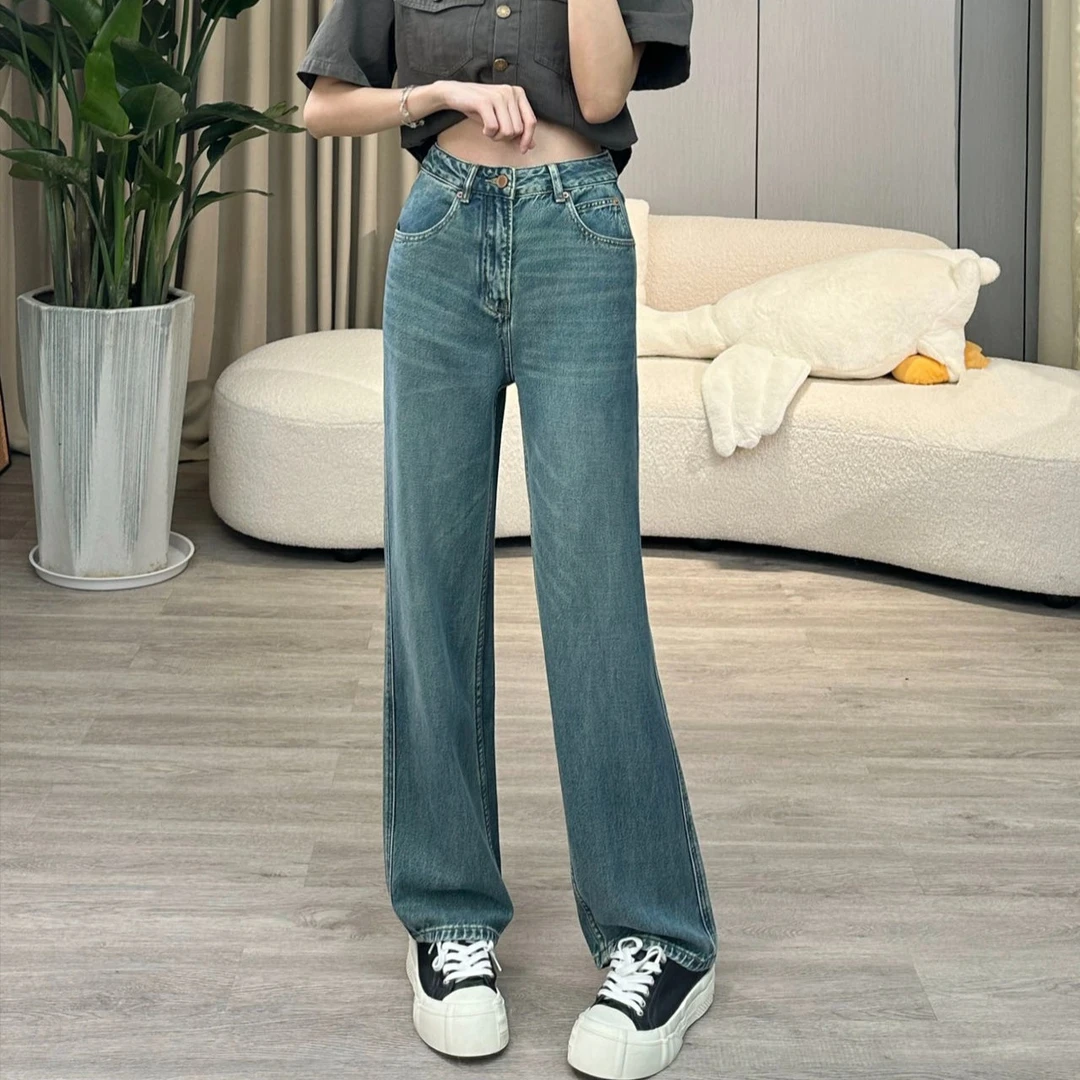 港风复古高腰垂感阔腿拖地裤女2023新款显高显瘦直筒牛仔裤百搭