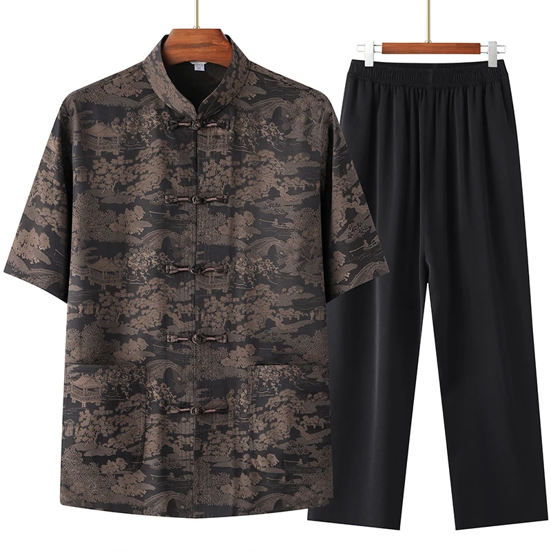 唐装男短袖爸爸休闲套装中老年男装宽松汉服中国风爷爷夏季晨练服