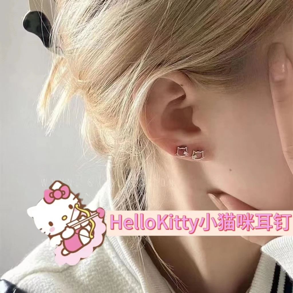 合金耳饰 HelloKitty小猫耳钉女可爱养耳洞睡觉免摘学生百搭耳饰