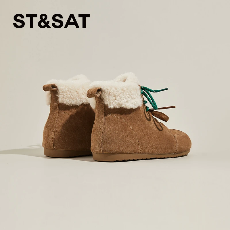 星期六真皮雪地靴女2025秋春季新款高帮加绒东北大棉鞋毛毛小短靴