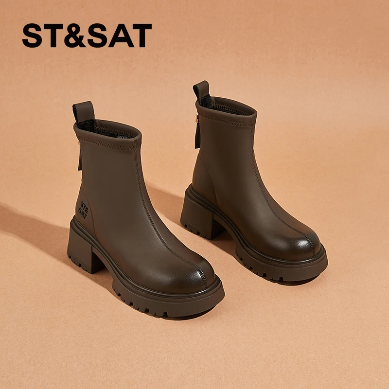 星期六马丁靴女2025春季新款加绒粗跟切尔西靴英伦风厚底增高短靴