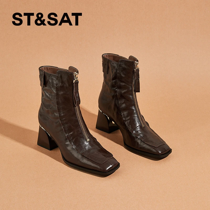 星期六粗跟时装靴女2025秋冬新款时尚百搭方头瘦瘦靴加绒保暖短靴