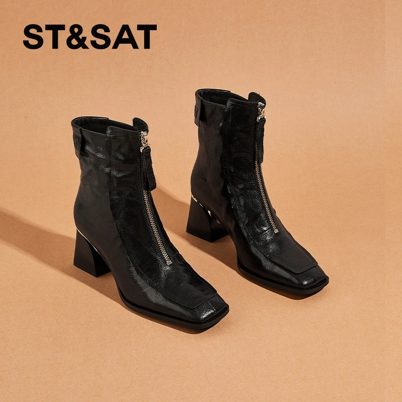 星期六粗跟方头短靴女2025秋冬新款时尚气质时装靴加绒保暖瘦瘦靴