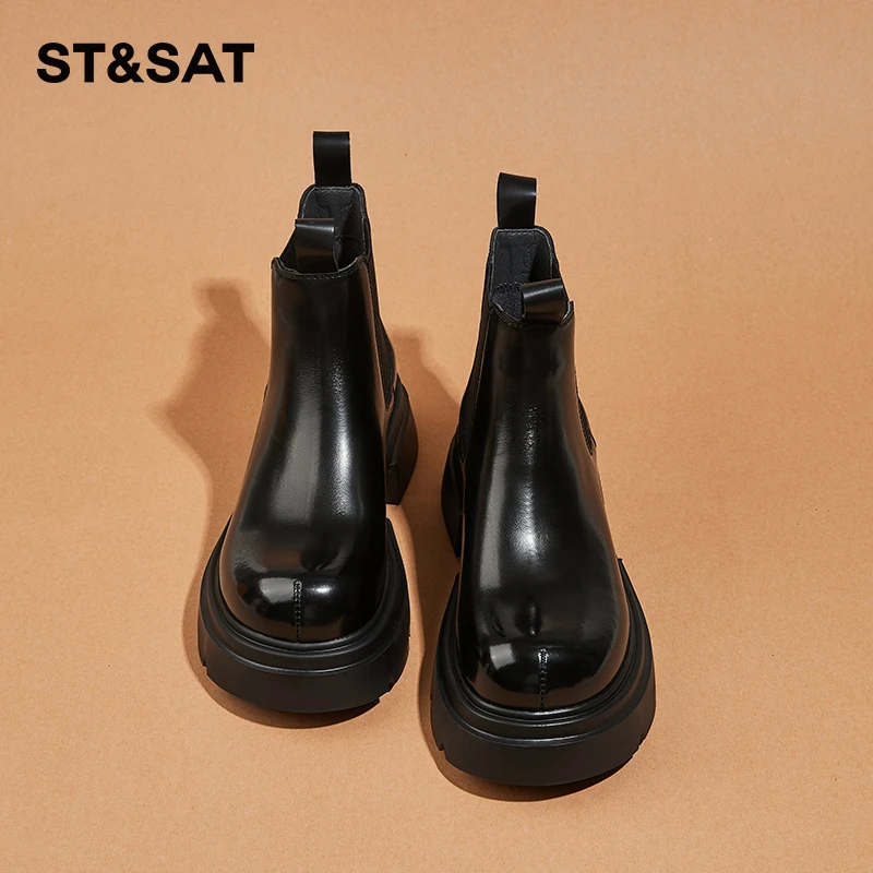 星期六秋冬切尔西靴女短靴春季新款时尚百搭粗跟英伦风烟筒马丁靴