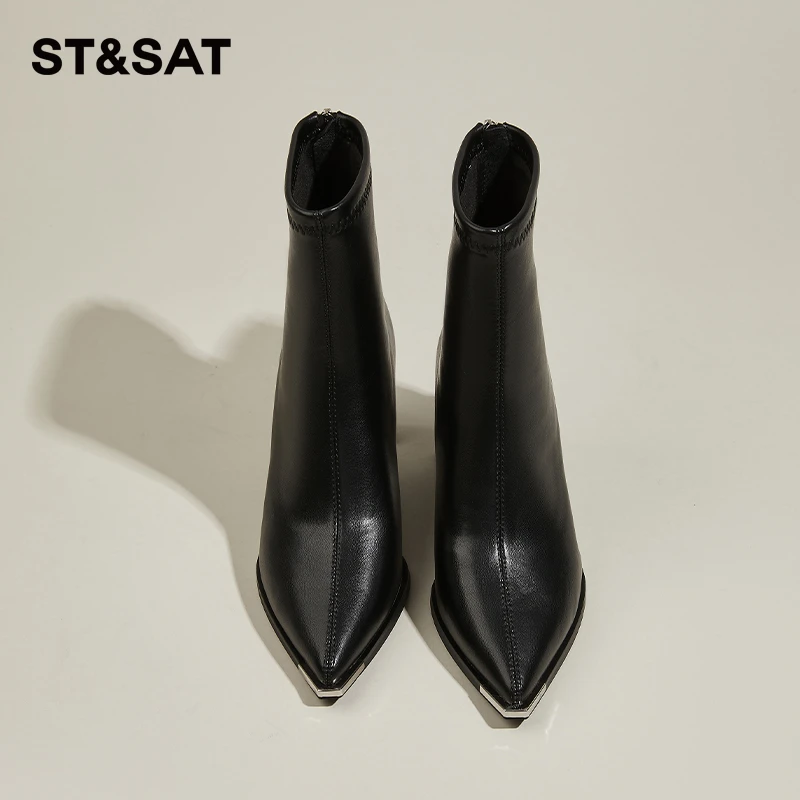 星期六复古高跟短靴女2025秋季新款百搭气质高跟鞋时尚尖头瘦瘦靴