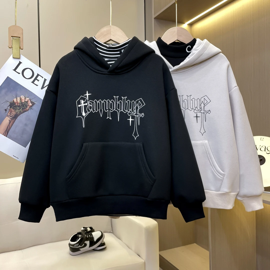 儿童中大童连帽加绒印花休闲时尚韩版百搭秋冬套头卫衣新款X269