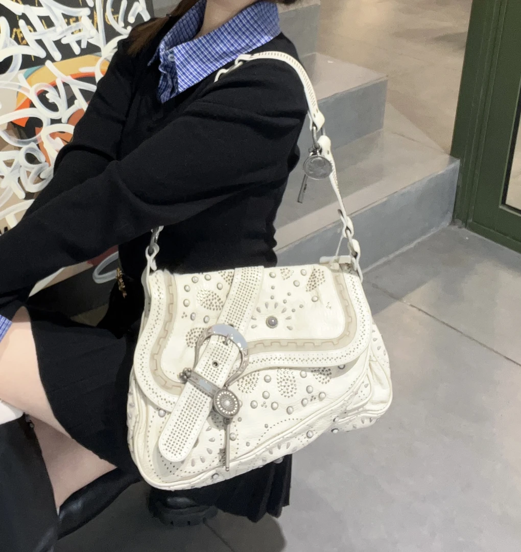 95新 DIOR/迪奥 夏七中古/白色初代高乔马鞍大号/单肩包