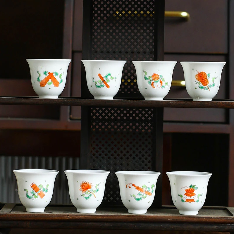景德镇陶瓷手工粉彩珐琅彩小容量八宝纹素雅简约客人杯茶杯白瓷