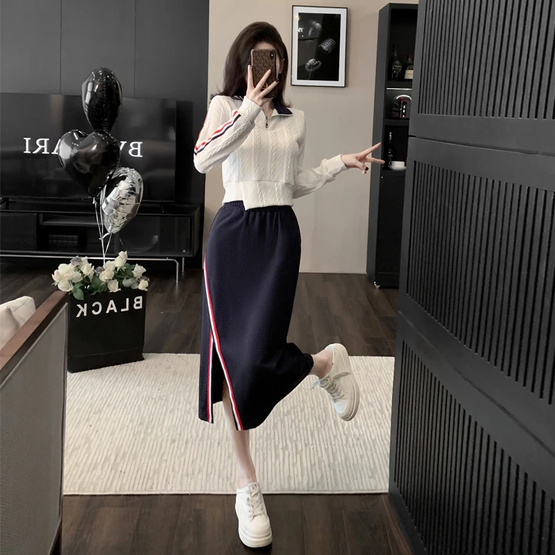 高端新款学院风POLO领白针织麻花毛衣半身裙开叉显瘦高档两件套装