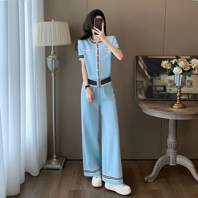 时尚小香风高端休闲运动显瘦女夏季新款减龄冰丝针织阔腿裤套装