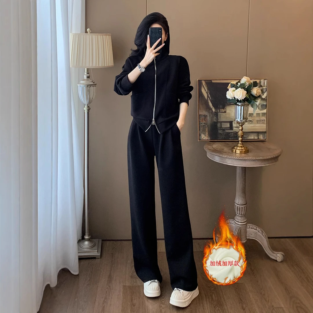 洋气加绒休闲运动女秋新款高级感黑色外套上衣阔腿裤两件套