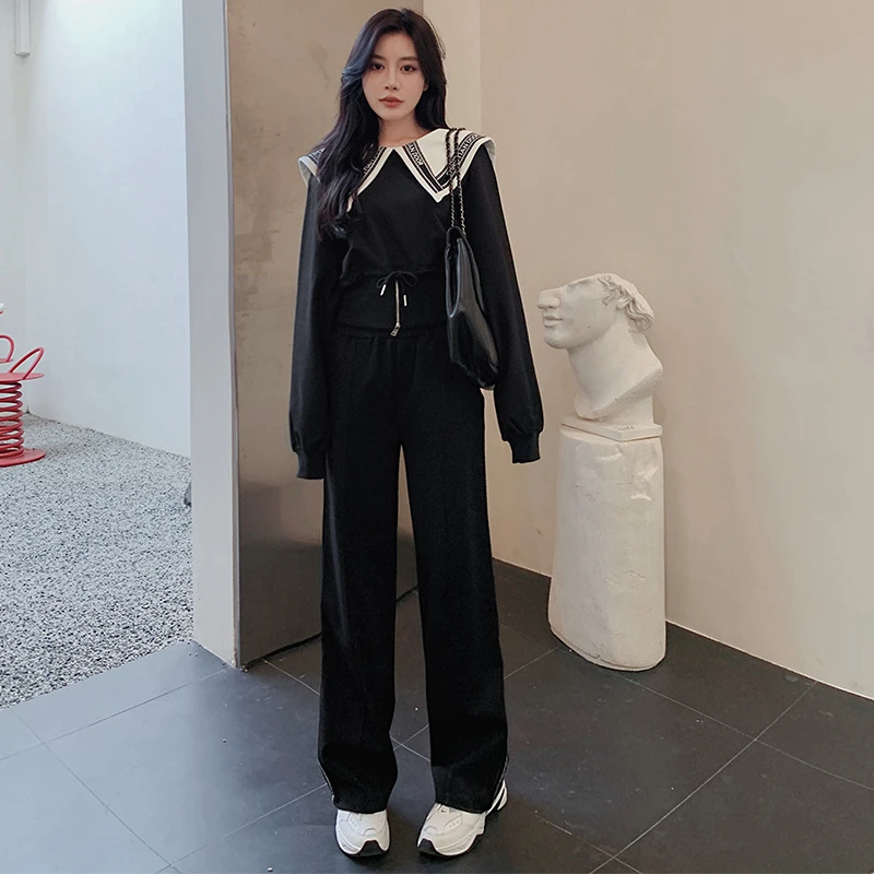 遮肉加绒高档运动套装女秋冬时尚洋气减龄高档海军领卫衣阔腿裤两