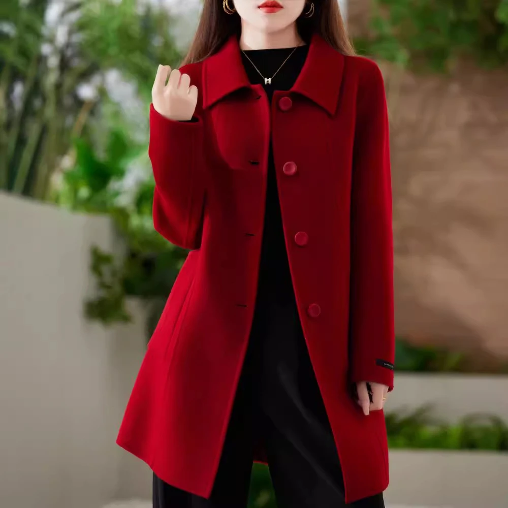 气质新款毛呢双面呢翻领大衣女修身中长款高端高档秋冬毛呢外套