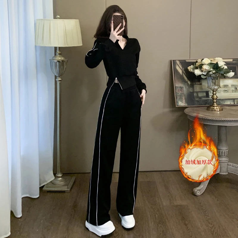 洋气欧货黑色高档运动套装女秋时髦欧货加绒卫衣高腰阔腿裤两件套