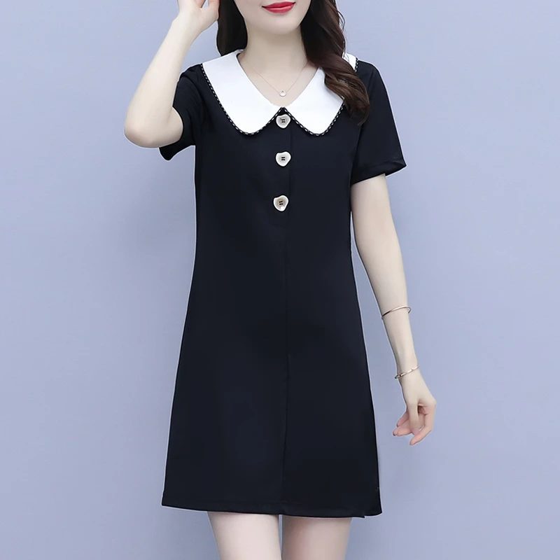 大码显瘦洋气新款娃娃领连衣裙夏季高端遮肚名媛减龄撞色翻领裙子