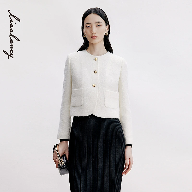LANCY/朗姿2024秋季夏季简约典雅白色绵羊毛小香风外套女法式上衣