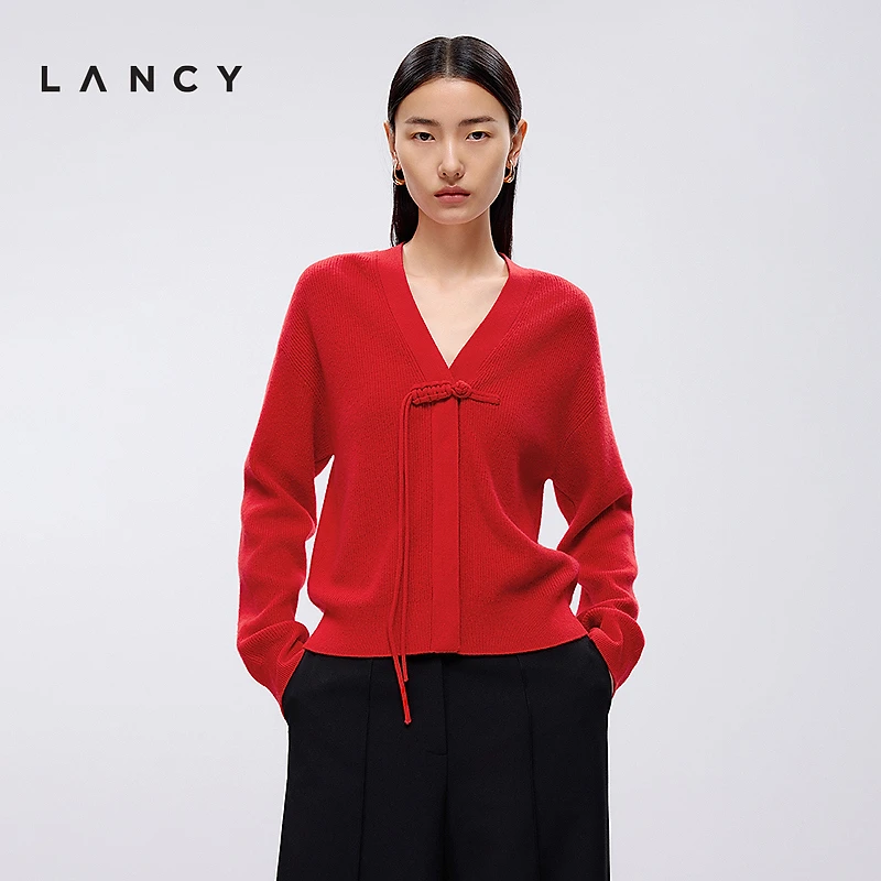 LANCY/朗姿2025年春新款新中式大红色针织开衫V领羊商场同款新品