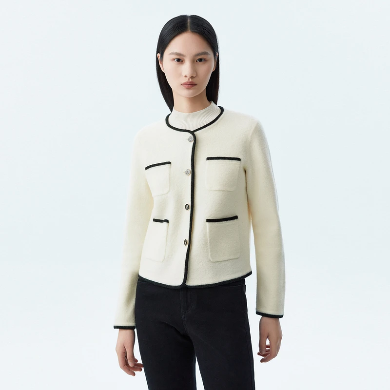LANCY/朗姿秋季新款法式小香风针织短外套女高端气质开衫女装白色