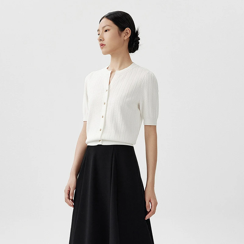 LANCY/朗姿2024春季新款休闲百搭短袖针织开衫女短款修身气质上衣