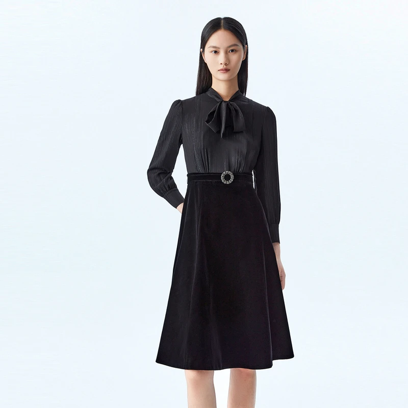 LANCY/朗姿秋季新款钻石丝绒网纱连衣裙女收腰显瘦假两件黑色裙子
