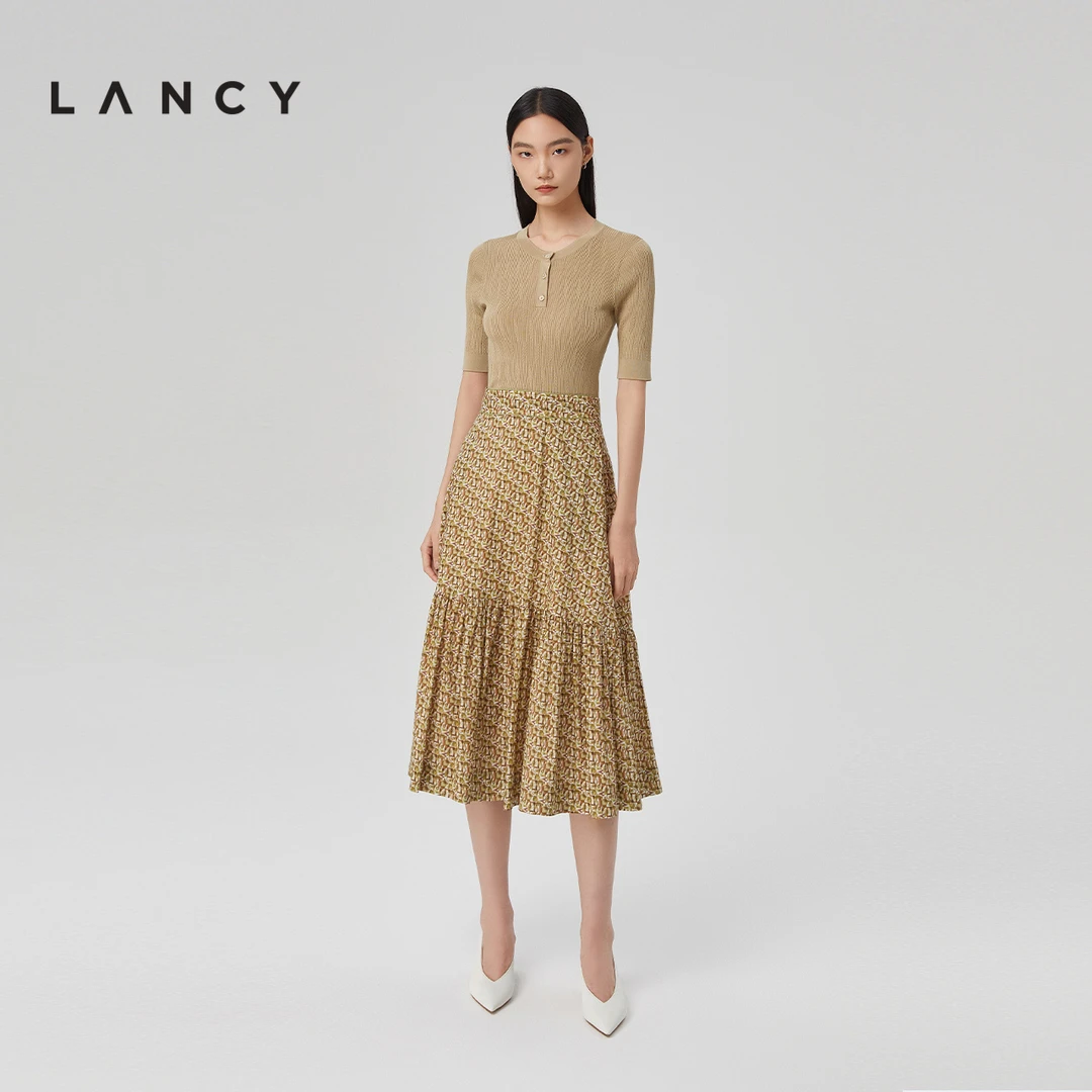 LANCY/朗姿女装真丝圆领套头衫女收腰显瘦针织衫女碎花气