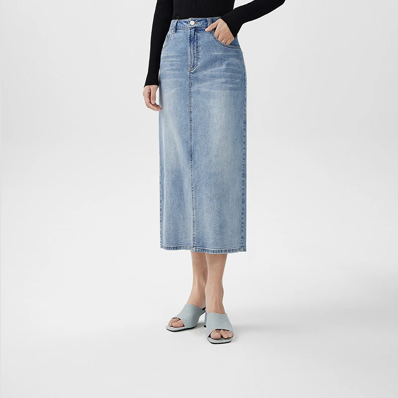 LANCY/朗姿2024春季新款纯棉百搭牛仔半身裙女中长款开叉