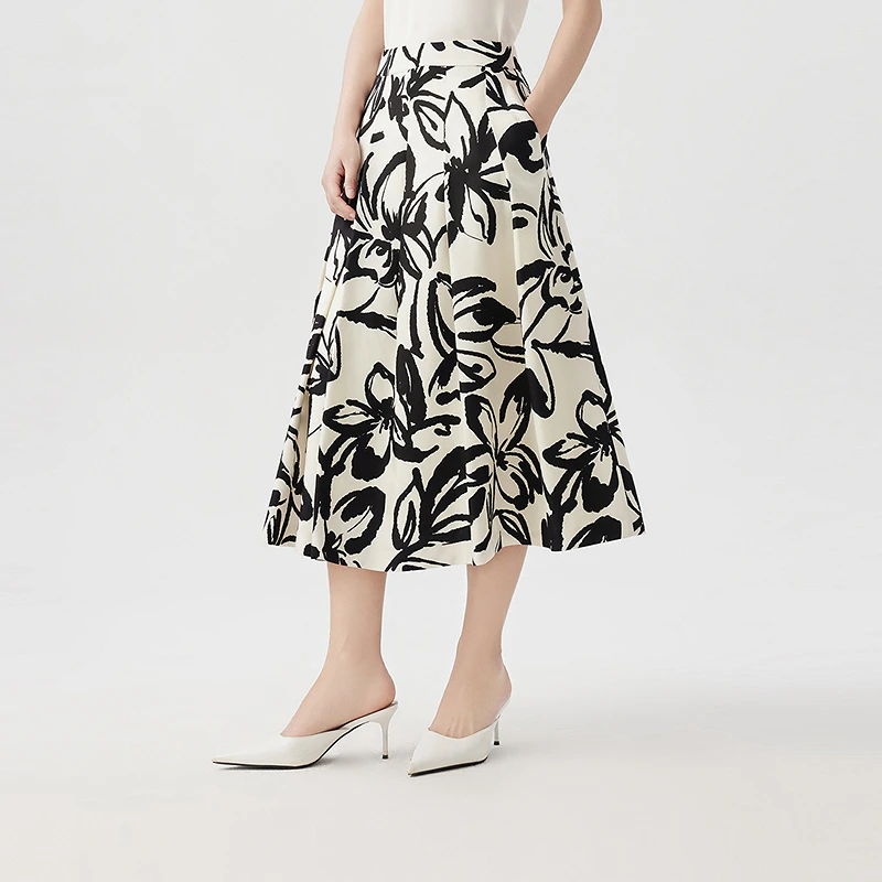 LANCY/朗姿2024夏季新款丝毛黑白大摆印花半身裙优雅气质a字裙女