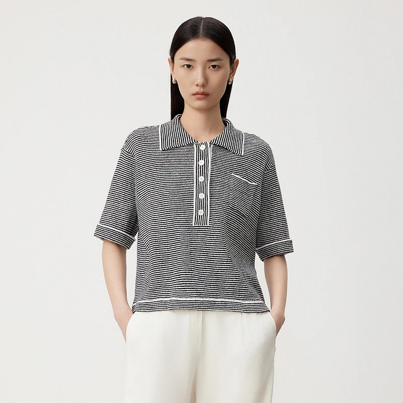 LANCY/朗姿2024夏季新款横条纹polo领衬衫女短袖上衣女