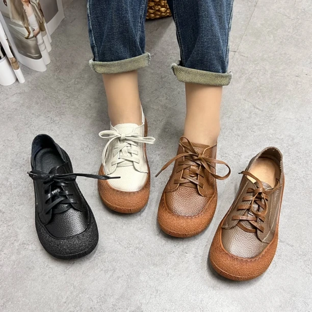 复古两穿手工轧线纯牛皮舒适软底91310系带单鞋