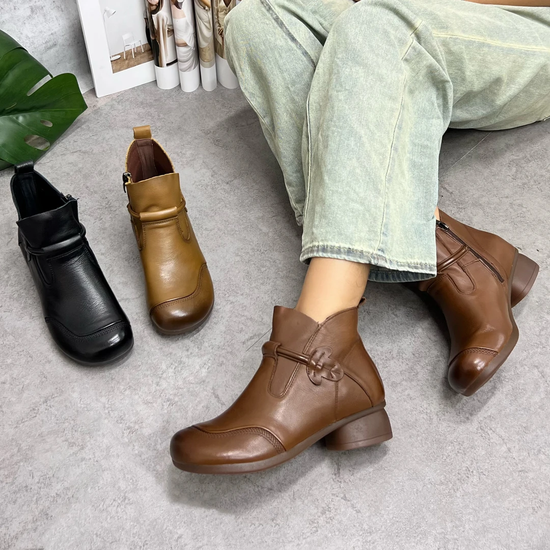 秋季新款复古软面休闲百搭加绒高跟短靴纯牛皮舒适软底勃肯9762