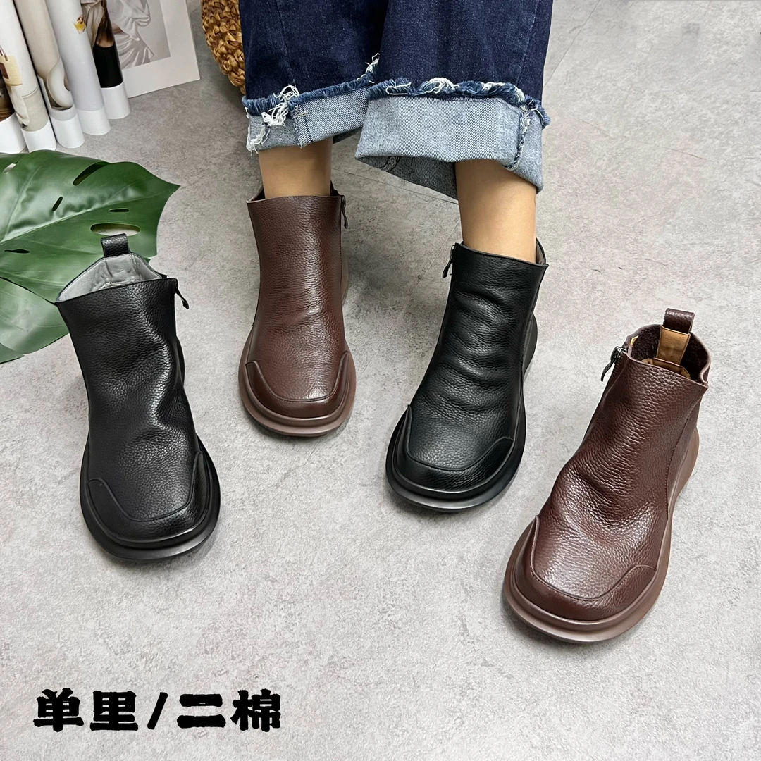 【单里/二棉/大棉】真皮复古加绒休闲软底软牛皮加绒厚底女靴207-1
