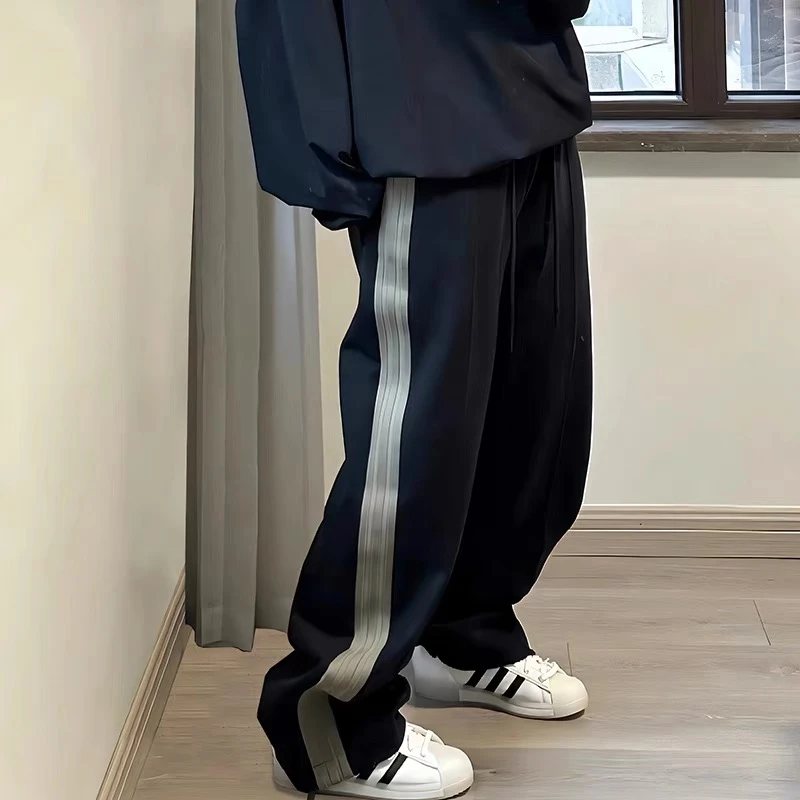 2025春季新款三条杠拉链直筒裤男女阔腿裤条纹休闲裤大码男装裤子
