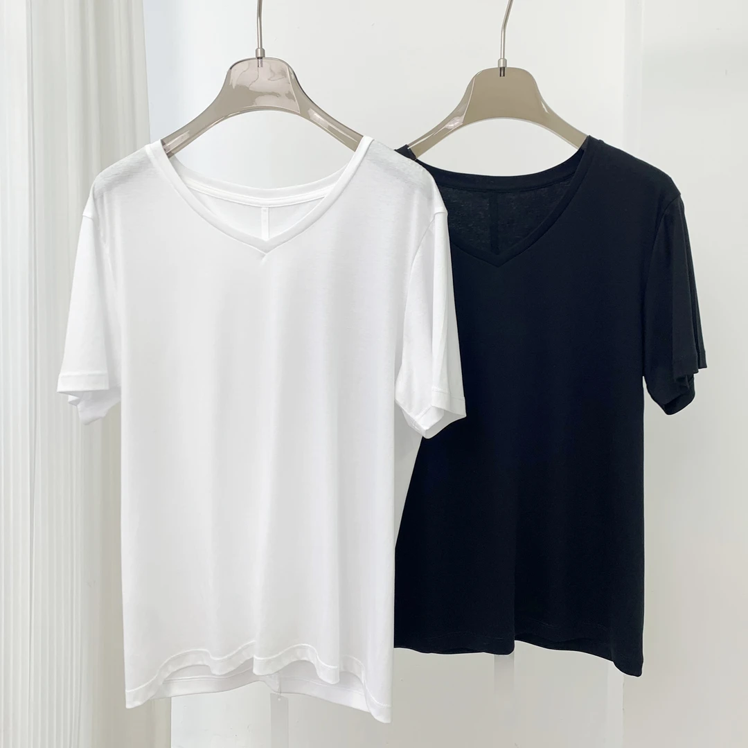 小众百搭通勤简约V领高级纯色短袖T恤MA4SYDZ0236