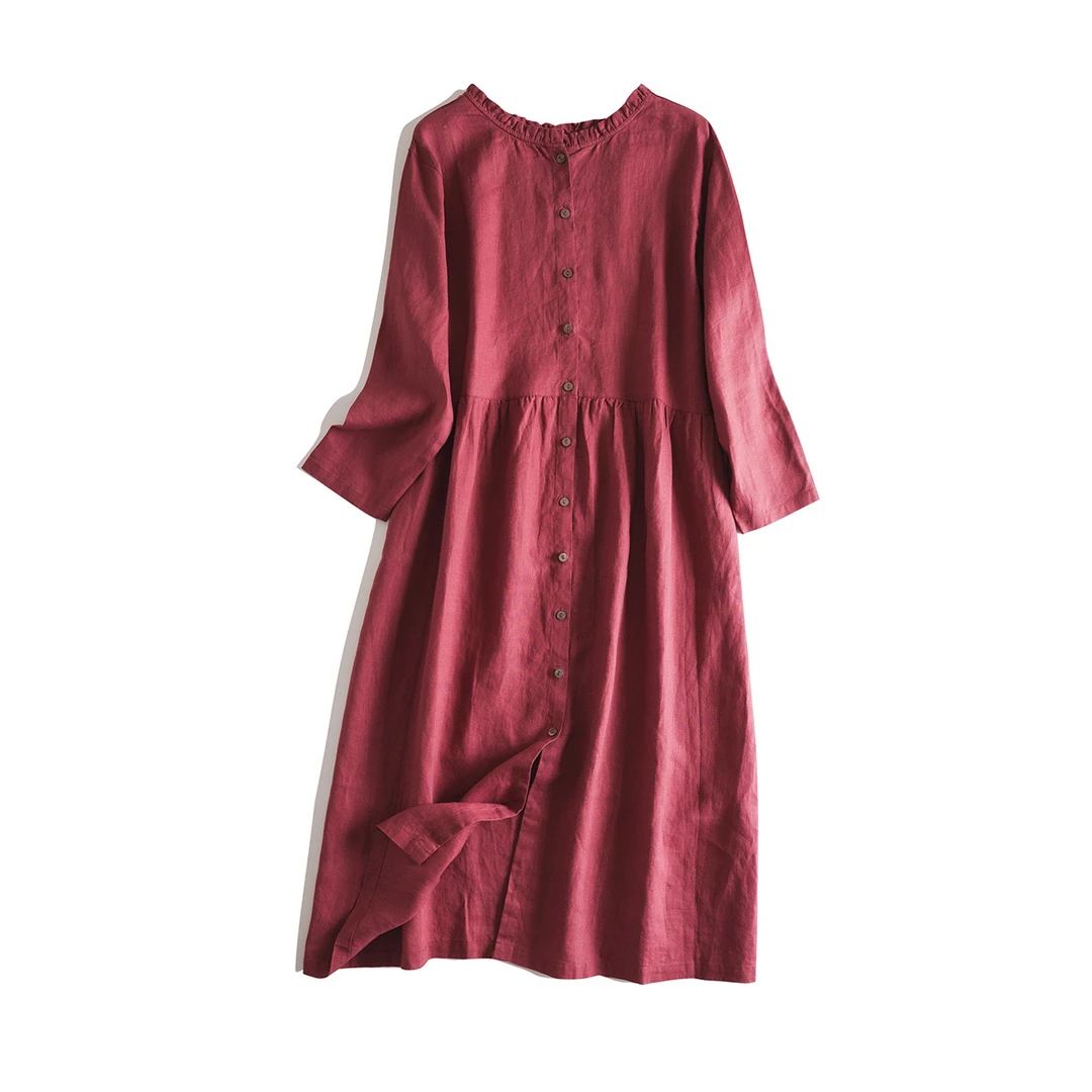 亚麻木耳边大摆裙日系褶皱前后两穿九分袖文艺连衣裙MA4SYGZ0743