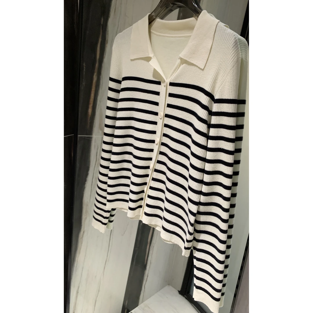 法式复古极简通勤百搭POLO领条纹针织衫MA4SYGZ0034