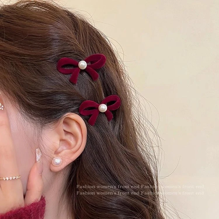 丝绒蝴蝶结发夹边夹碎发刘海夹甜美前额鸭嘴夹子圣诞新年头饰