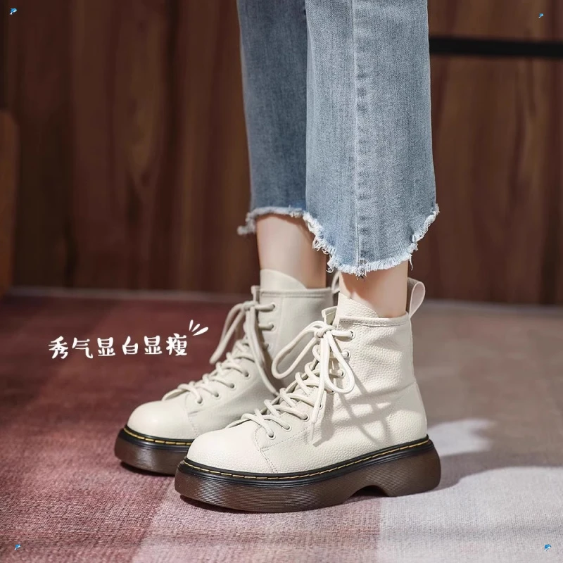 香港全真皮马丁靴女荔枝纹2025新款秋冬季厚底学真皮英伦风马丁靴