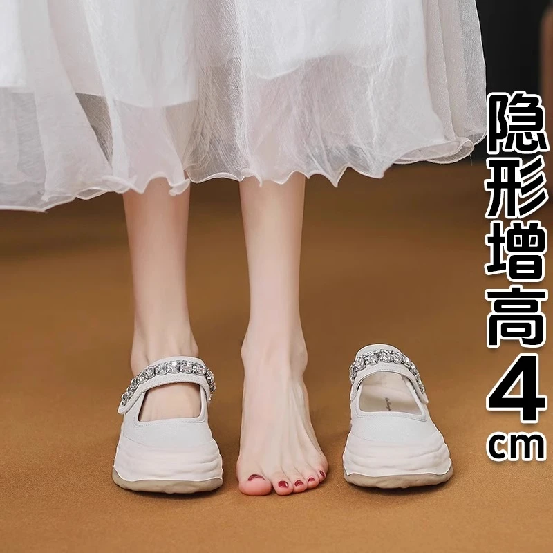 香港水钻魔术贴小白鞋女2025年新款一字带厚底帆布鞋法式美式厚底