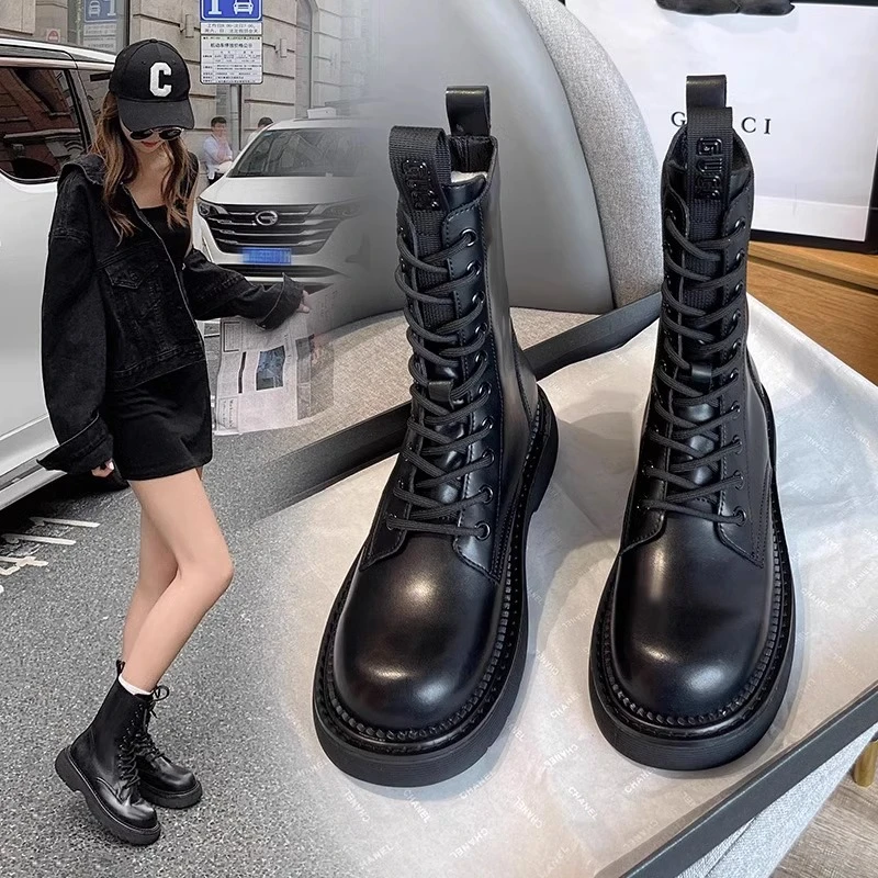 加绒马丁靴女2023年秋冬新款英伦风女靴厚底真皮短靴加绒大码女靴