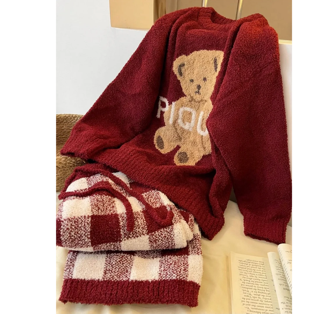 圣诞卡通小熊印花针织保暖半边绒睡衣女秋冬季长袖长裤家居套装