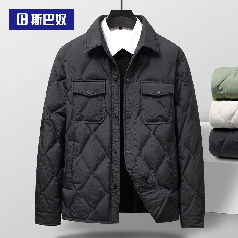 斯巴奴工装羽绒服男短款2025冬季新款翻领秋冬装鸭绒加厚保暖外套