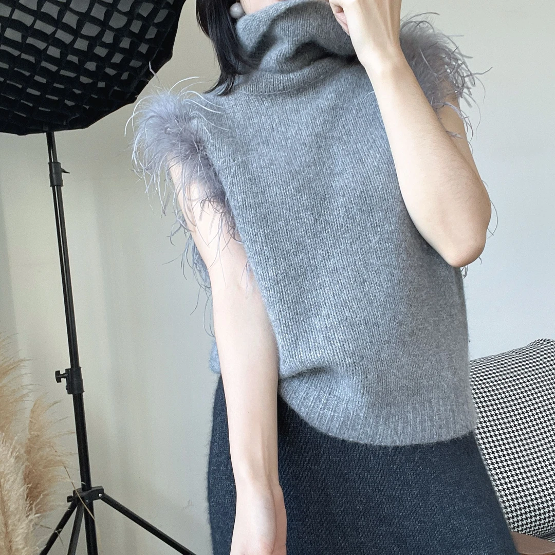 羽毛拼接针织背心小香风法式高级感