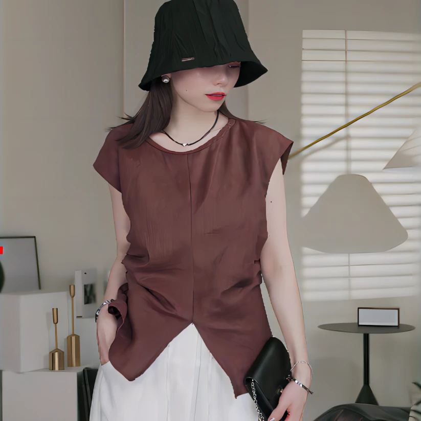 【瑶瑶】立体褶皱亚麻显瘦圆领收腰无袖衬衫 JJ1230