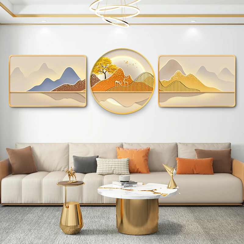 新中式背有靠山轻奢客厅装饰画沙发背景墙挂画壁画山水画三联墙画