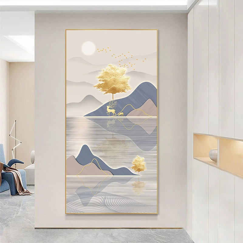 入户玄关挂画现代简约走廊过道装饰画客厅正对门大幅竖版麋鹿壁画
