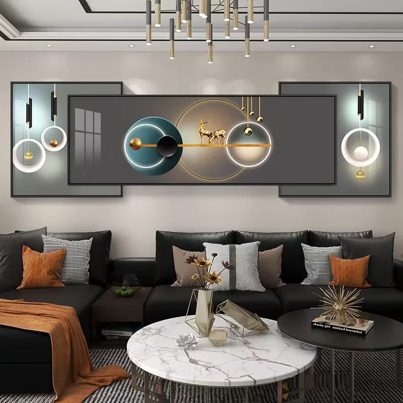 轻奢福鹿双层叠加装饰画现代简约客厅沙发背景墙三联挂画晶瓷镶钻